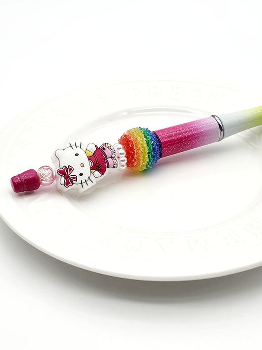 Cute Cat Animal Beaded Pen with Sugar Rainbow Bead